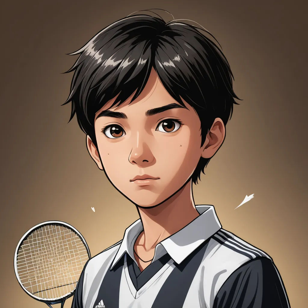 a boy with a tennis racket in his hand and a brown background behind him is a brown background, lyco art, a character portrait, Feng Zhu, character portrait