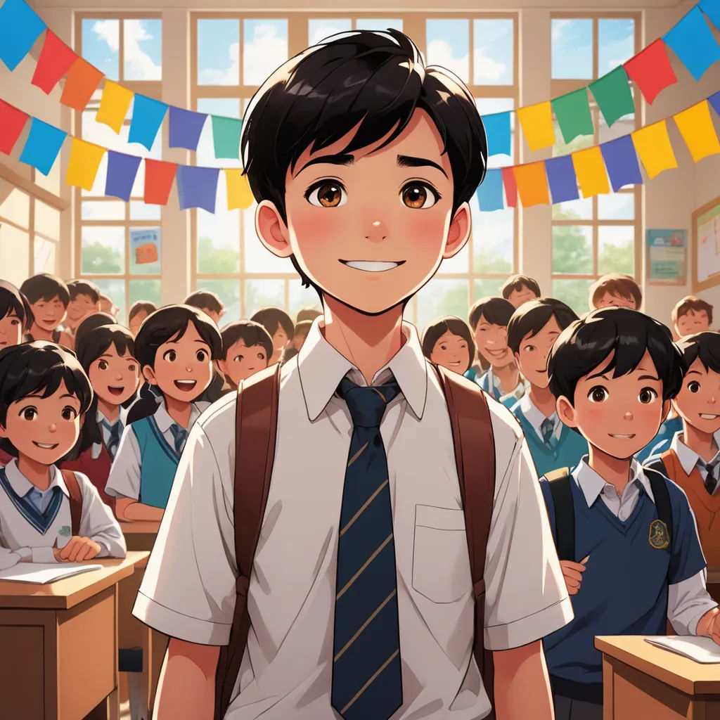a boy in a classroom with a backpack and tie on, standing in front of a group of students, vancouver school, a character portrait, Adam Manyoki, official art