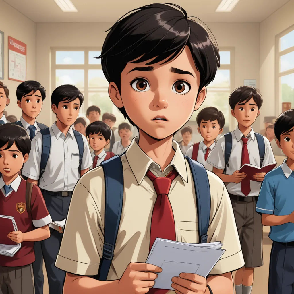 a boy in a school uniform is holding a folder and looking at the camera while a group of other boys stand behind him, serial art, a comic book panel, Adam Manyoki, yukito kishiro