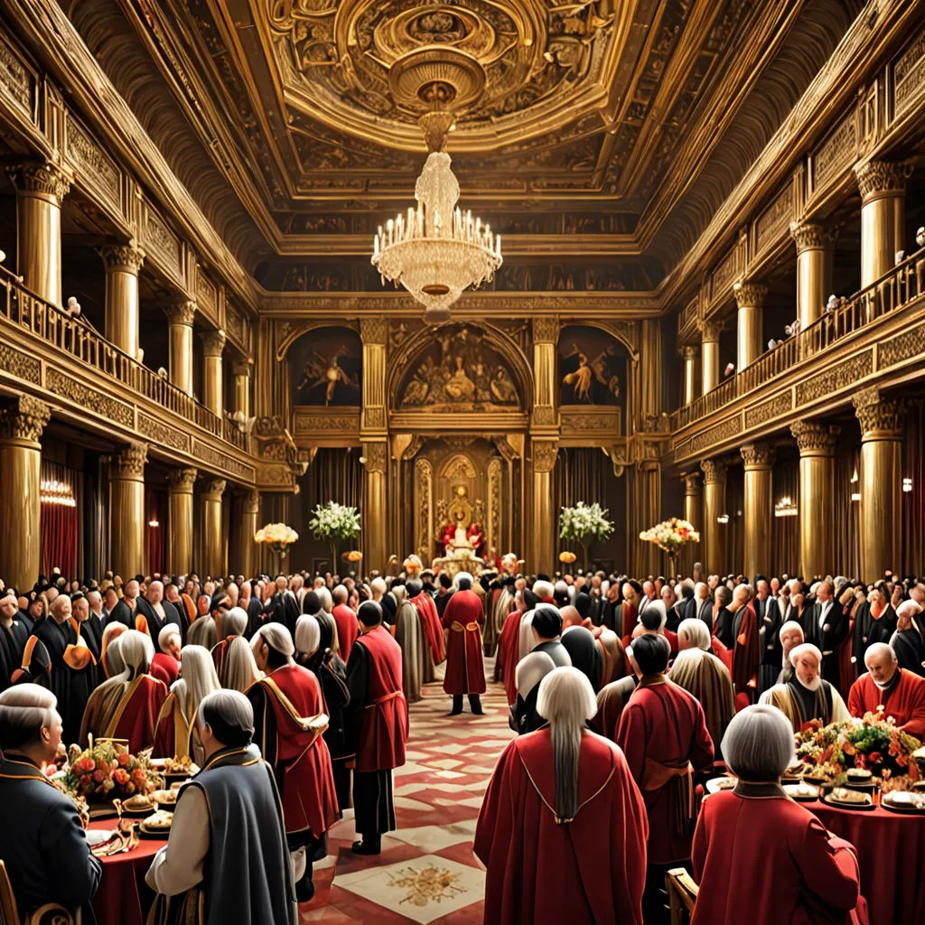 a large group of people in a large room with a chandelier and chandelier hanging from the ceiling, photorealism, a detailed matte painting, Andreas Gursky, promotional image