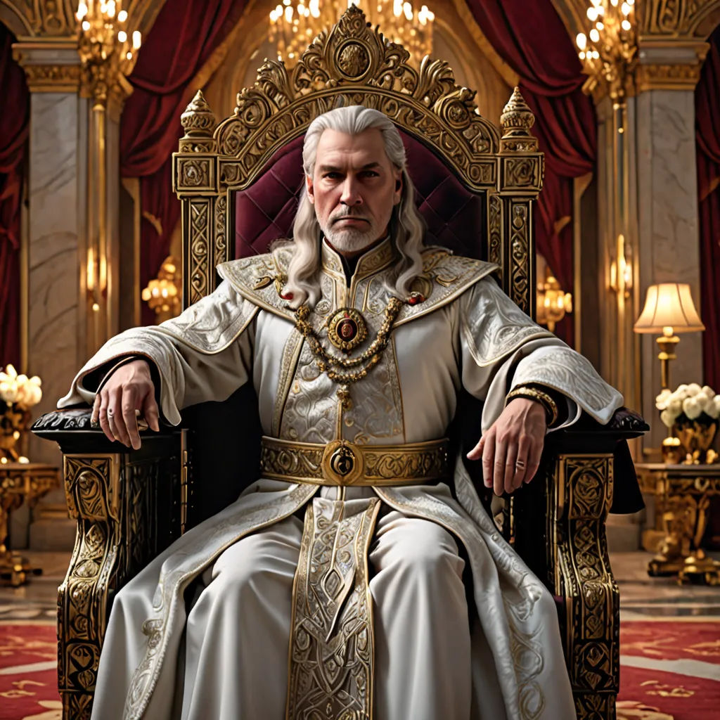 a man sitting on a throne in a room with red curtains and a chandelier on the ceiling, renaissance, a character portrait, Edward George Handel Lucas, regal