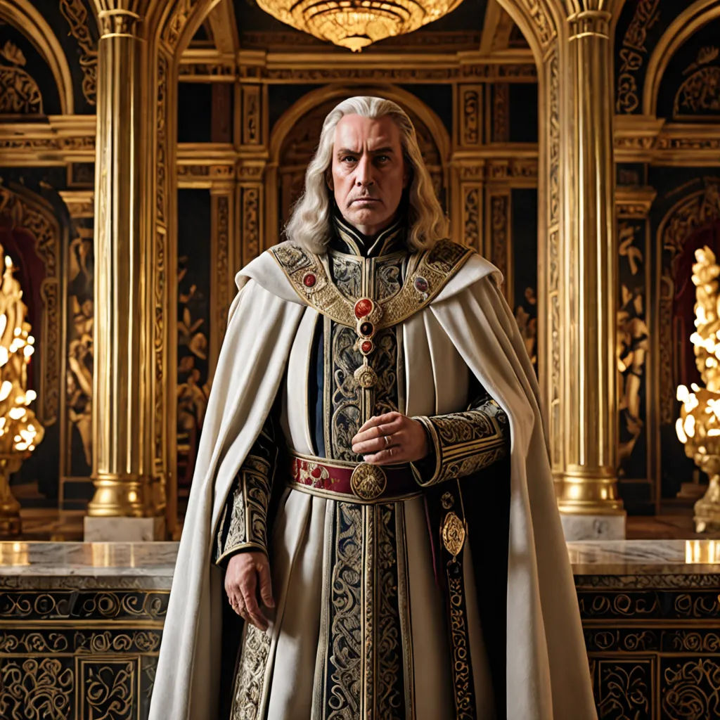 a man in a white robe and a gold crown standing in a room with gold columns and a chandelier, renaissance, a flemish Baroque, Edward George Handel Lucas, regal
