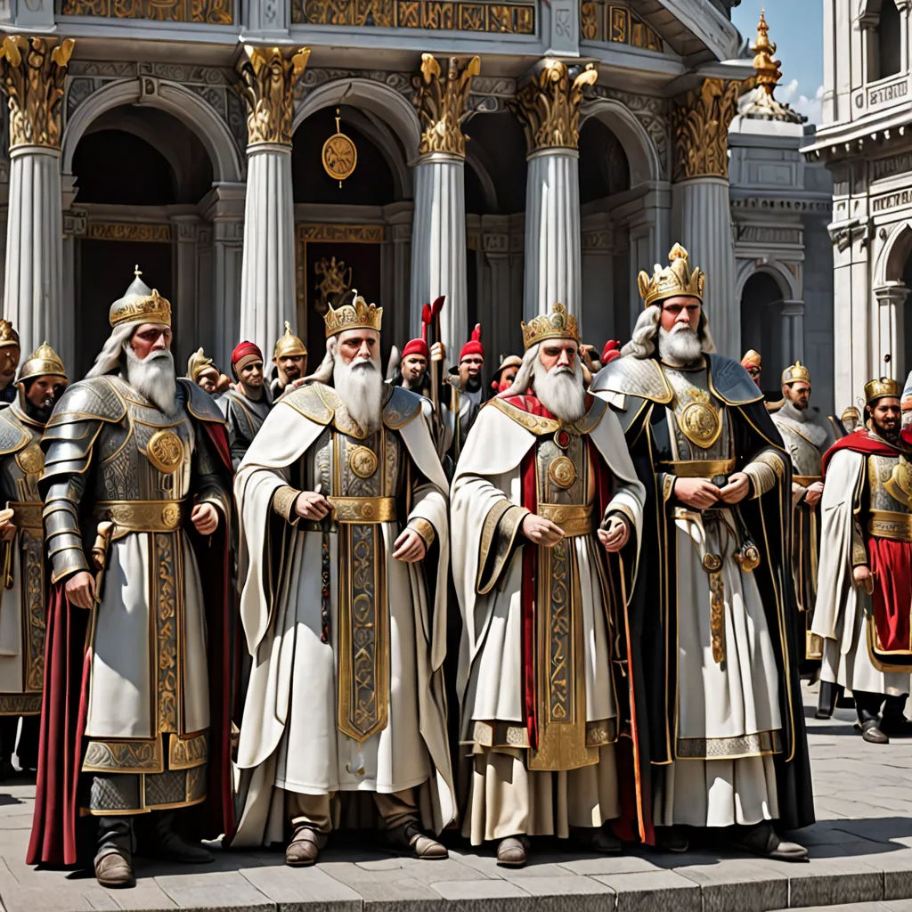 a group of men in medieval clothing standing in front of a building with columns and arches on either side, antipodeans, a detailed matte painting, Dionisius, highly detailed and intricate