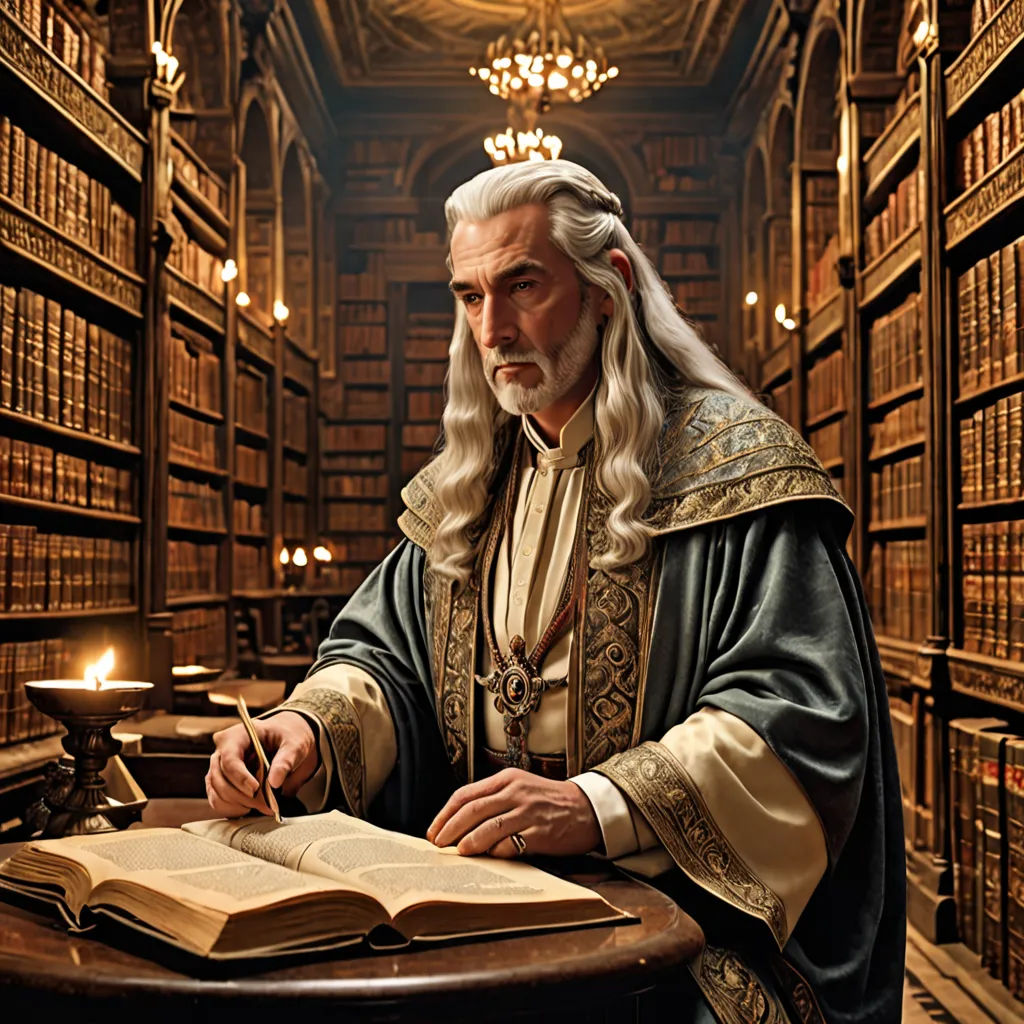a man in a library with a book and a candle in his hand and a book on the table, academic art, a detailed matte painting, Dirk Crabeth, weta digital