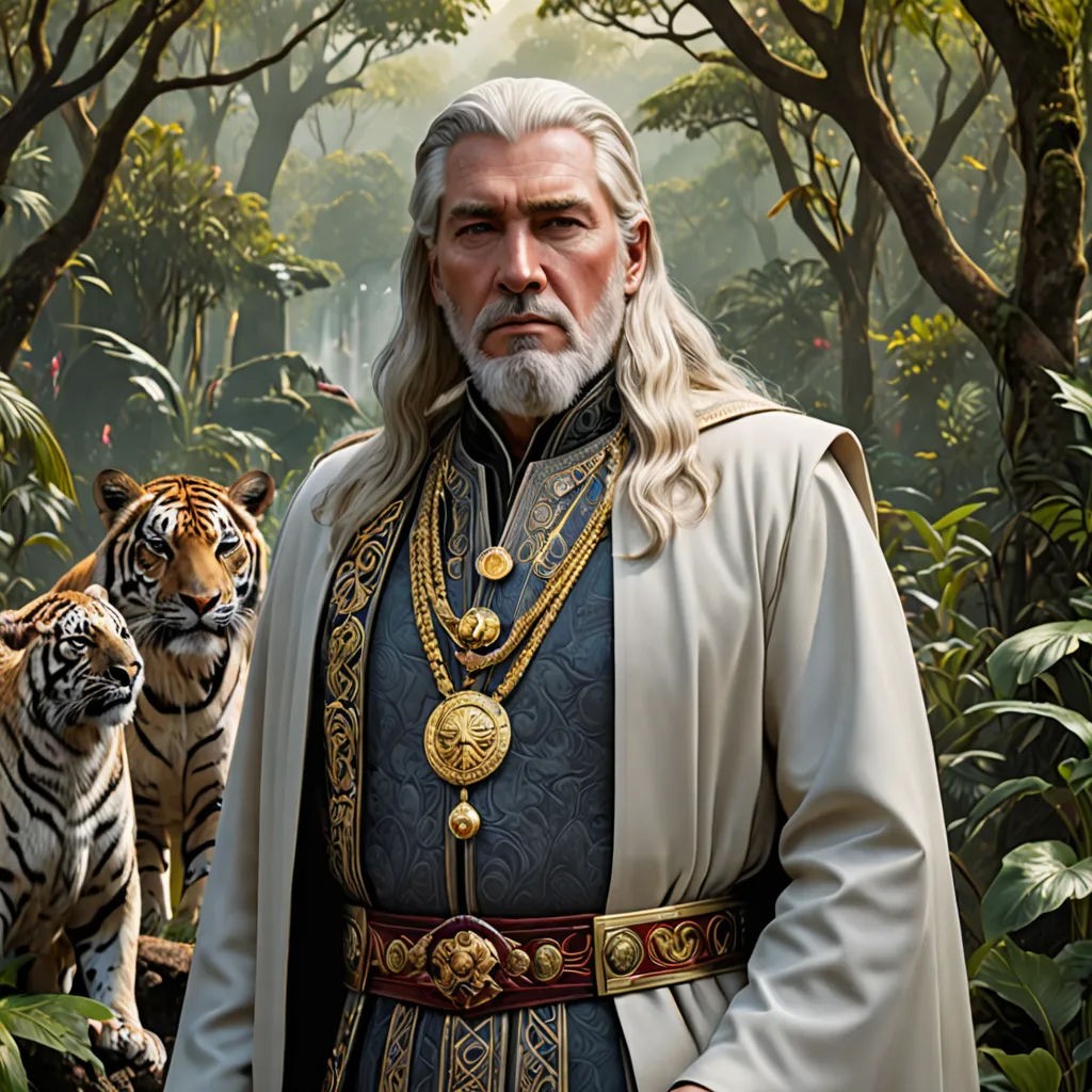 a man in a white robe and a tiger in a forest with trees and bushes behind him, with a tiger in the background, fantasy art, a character portrait, Donato Giancola, weta digital