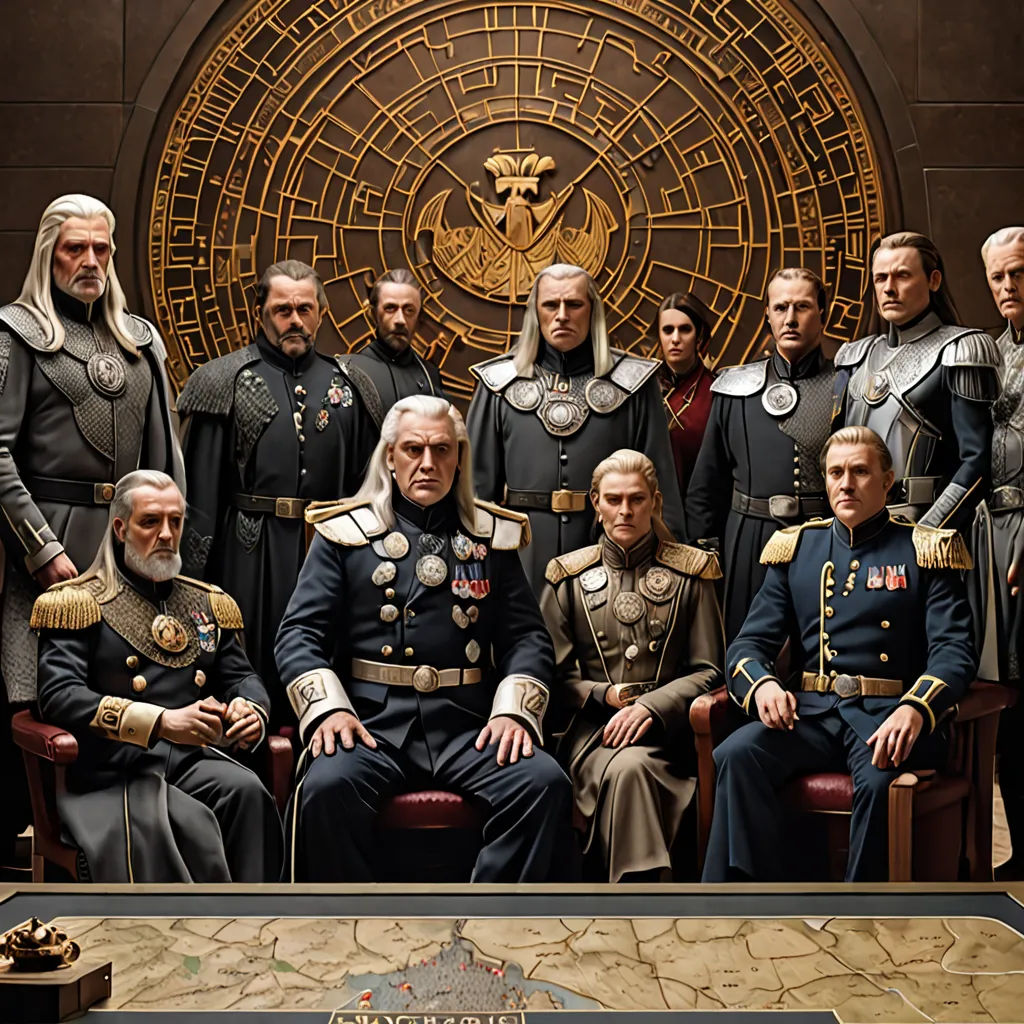 a group of men in military uniforms posing for a picture in front of a wall with a golden seal, antipodeans, a detailed matte painting, Enki Bilal, promotional image