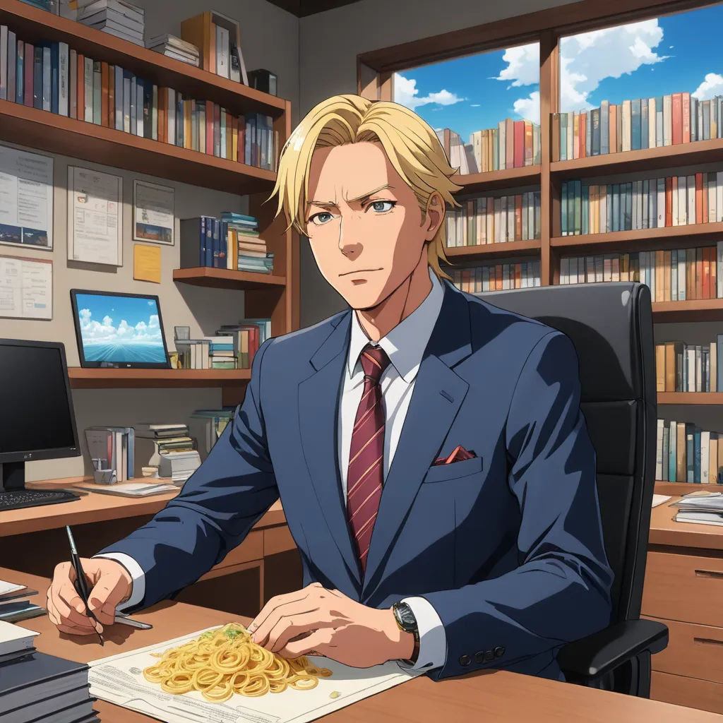 a man in a suit sitting at a desk with a plate of food in front of him and a bookcase full of books behind him, remodernism, computer graphics, Armin Hansen, official art
