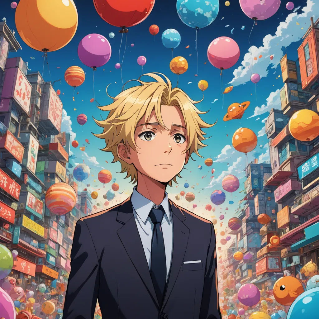 a man in a suit and tie standing in front of a city filled with balloons and buildings with a sky full of colorful balloons, aestheticism, an album cover, Ai-Mitsu, official art