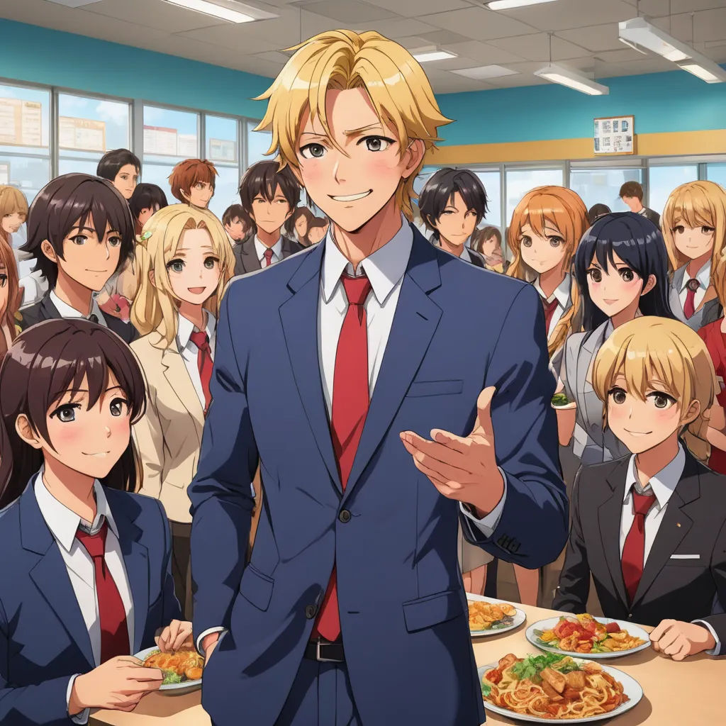a man in a suit standing in front of a group of people in a classroom with food on a plate, remodernism, a stock photo, Bourgeois, official art