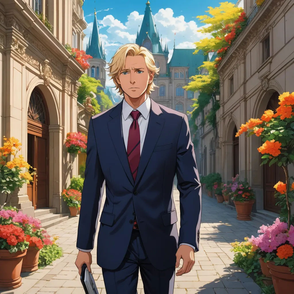 a man in a suit and tie walking down a street with flowers in the background and a castle in the background, aestheticism, a character portrait, Cedric Seaut (Keos Masons), official art
