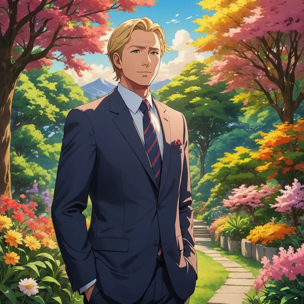 a man in a suit standing in front of a garden with trees and flowers on it, with a pathway leading to the trees, remodernism, a character portrait, Alexander Brook, official art