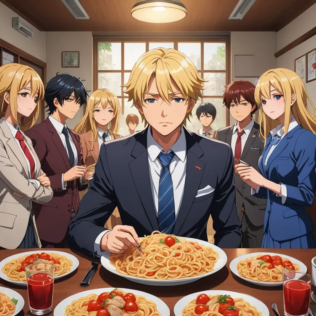 a man in a suit is eating spaghetti with other people in the background in a restaurant with a table full of food, sots art, a renaissance painting, Baiōken Eishun, official art