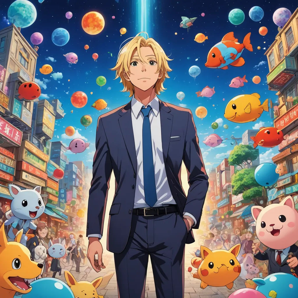 a man in a suit standing in front of a crowd of animals and fish in a city street with a sky background, magical realism, poster art, Cedric Seaut (Keos Masons), official art