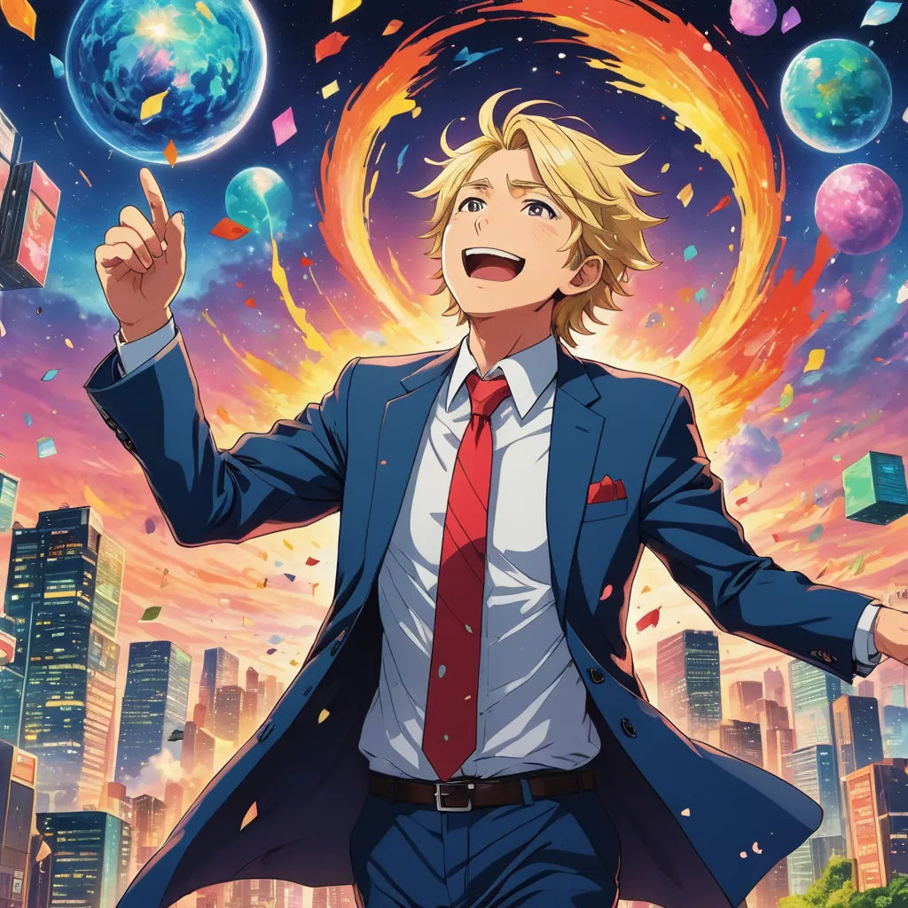 a man in a suit and tie standing in front of a city with a sky background and a sun, magical realism, an album cover, Bourgeois, official art