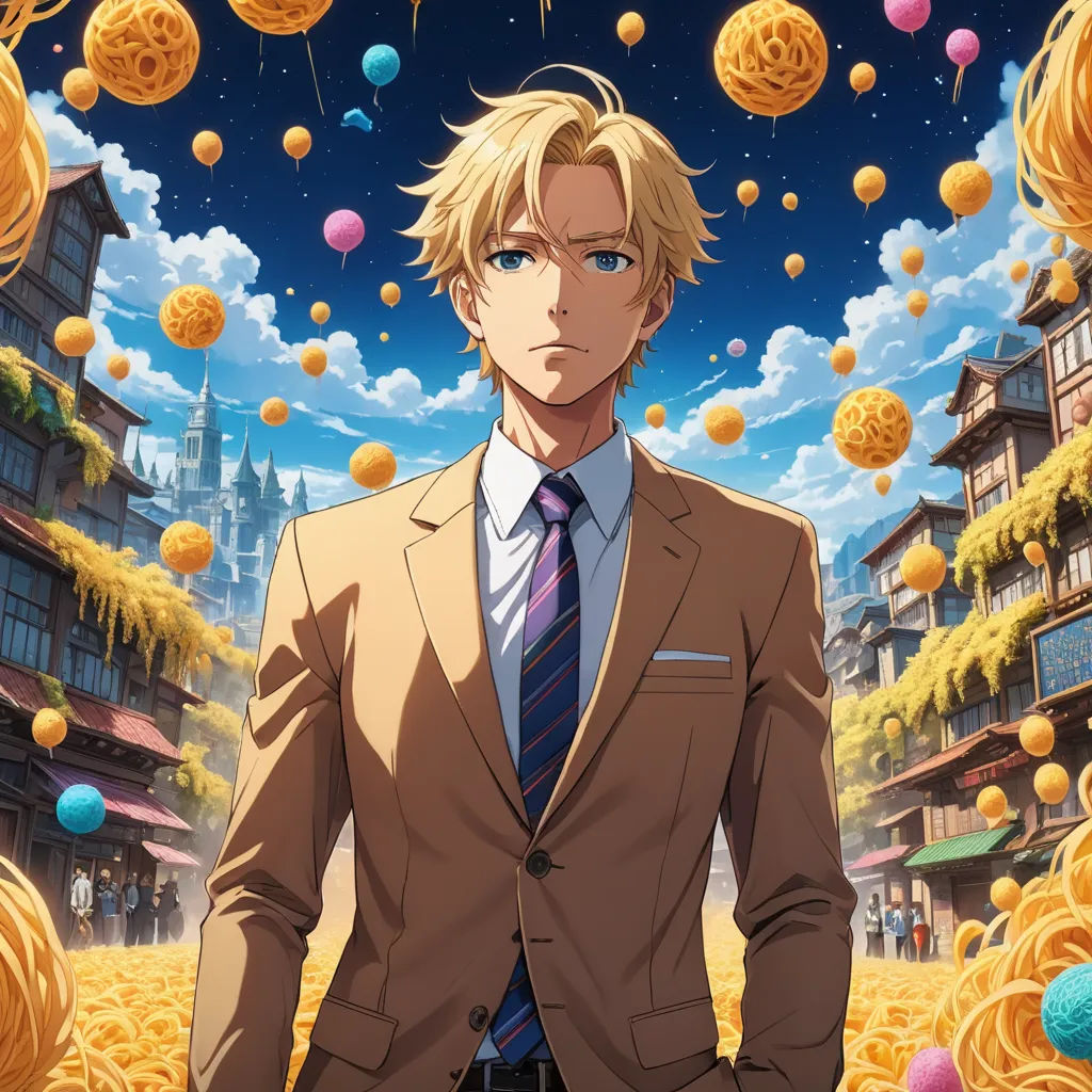a man in a suit and tie standing in front of a bunch of balls of balls in the air, aestheticism, an album cover, Cedric Seaut (Keos Masons), official art