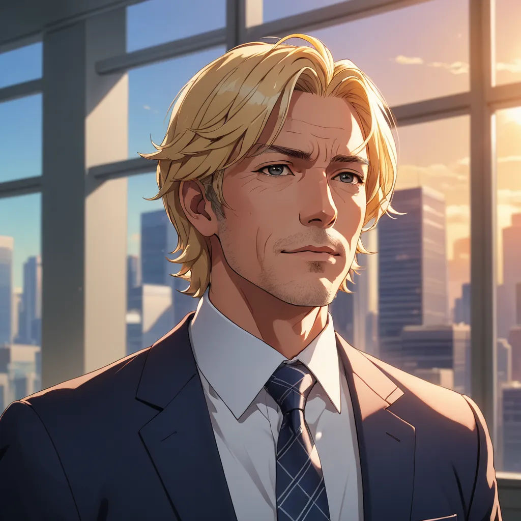 a man in a suit and tie standing in front of a window with a cityscape in the background, serial art, a character portrait, Cedric Seaut (Keos Masons), official art