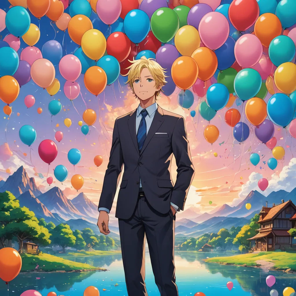 a man in a suit standing under a bunch of balloons with a house in the background and a lake in the foreground, magic realism, an album cover, Armin Hansen, official art