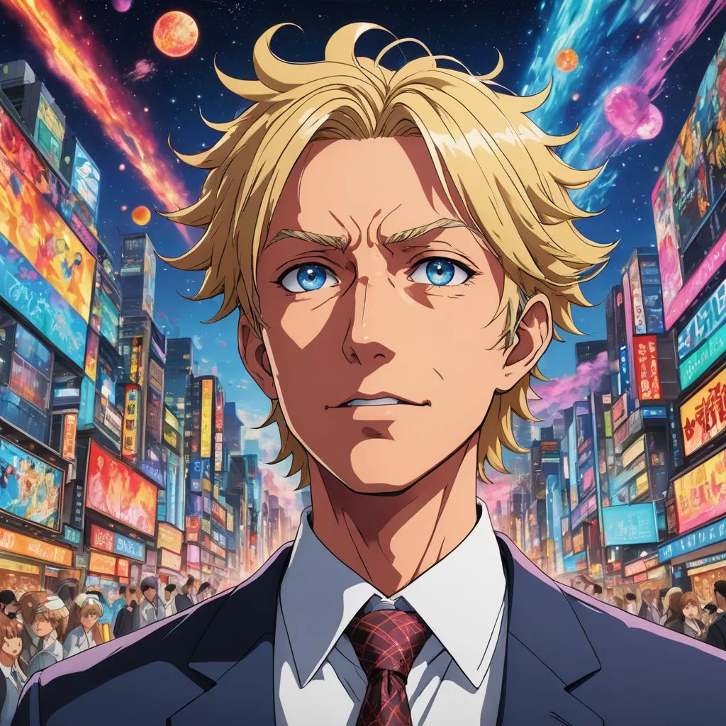 a man in a suit and tie in a city at night with neon lights and buildings in the background, rayonism, a character portrait, Cedric Seaut (Keos Masons), official art