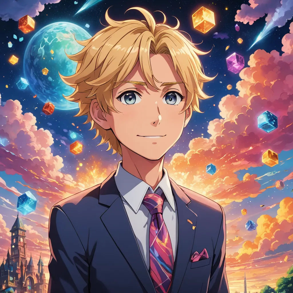 a man in a suit and tie standing in front of a sky with clouds and stars above him and a castle in the background, space art, a hologram, Adam Manyoki, official art