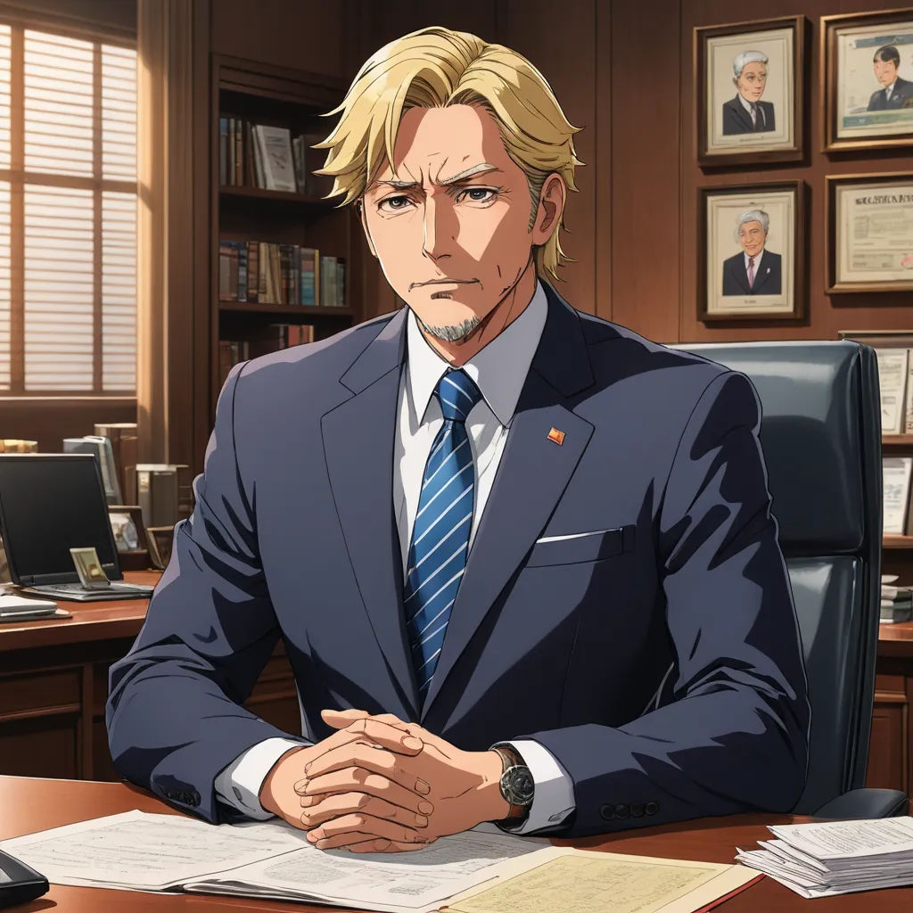 a man in a suit sitting at a desk in an office setting with papers and a computer on the desk, remodernism, a character portrait, Eizan Kikukawa, official art