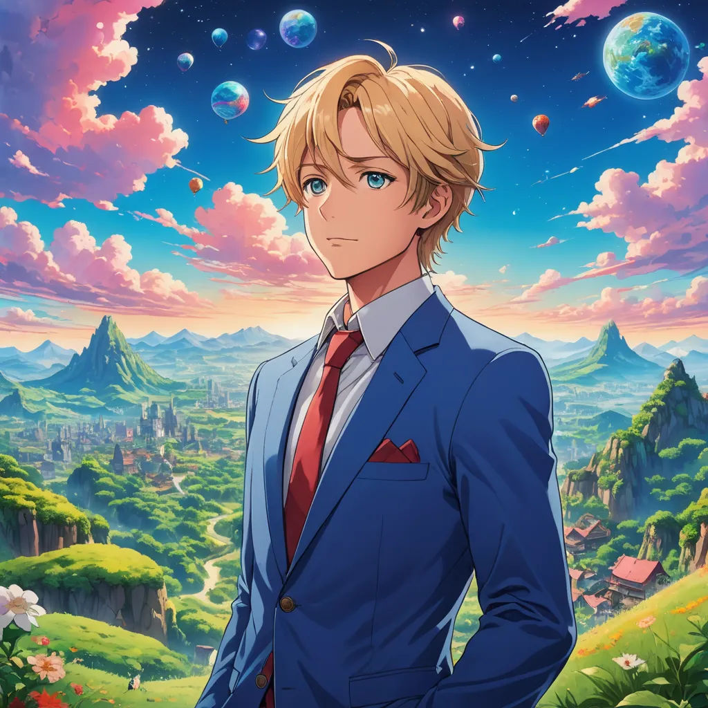 a man in a suit standing in front of a landscape with bubbles in the sky and a mountain in the background, space art, a character portrait, Cedric Seaut (Keos Masons), official art