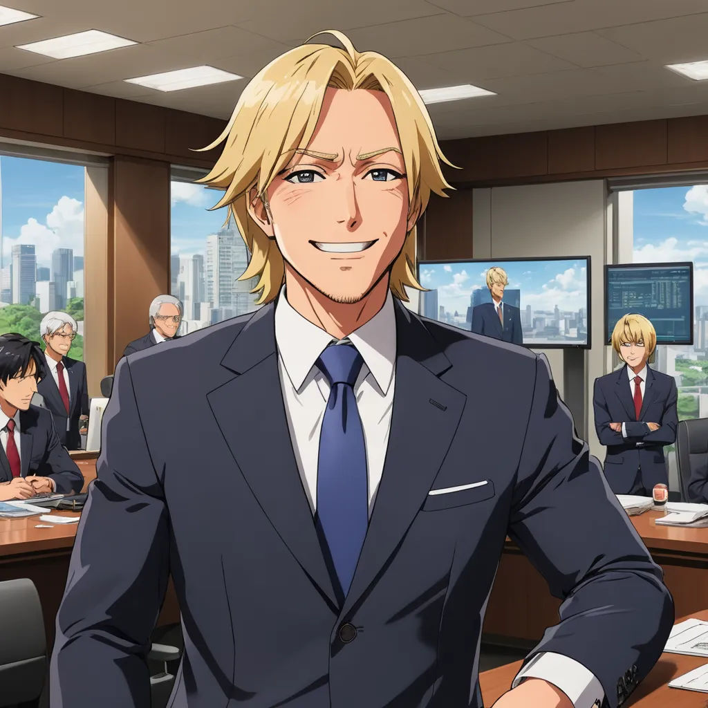 a man in a suit standing in front of a desk with a group of people in the background and a cityscape, remodernism, a stock photo, Armin Hansen, official art