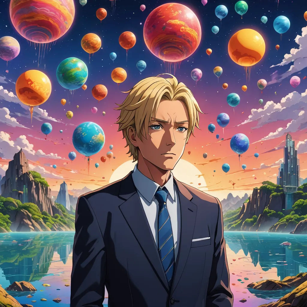 a man in a suit standing in front of a bunch of planets and planets in the sky with a man in a suit, space art, a character portrait, Chris LaBrooy, official art