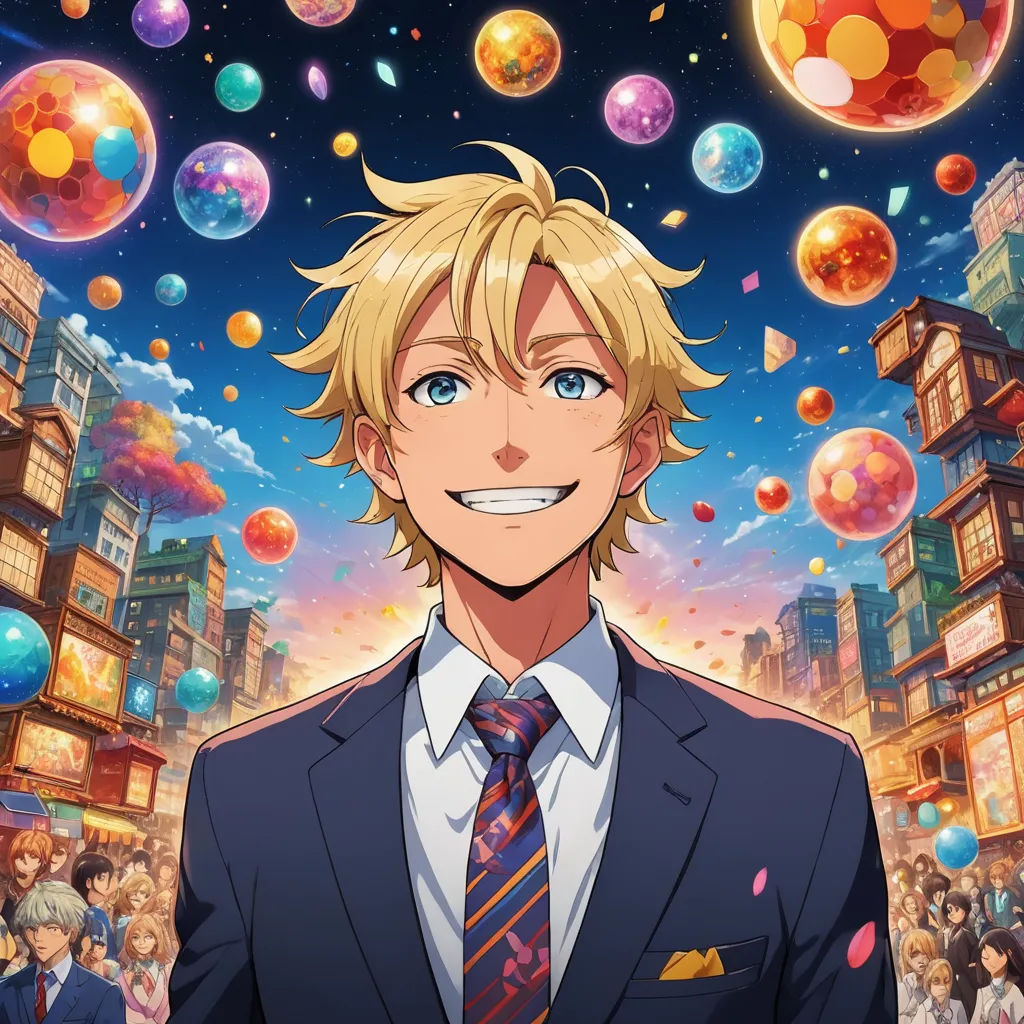 a man in a suit and tie standing in front of a crowd of people with bubbles in the air, aestheticism, a character portrait, Adam Manyoki, official art