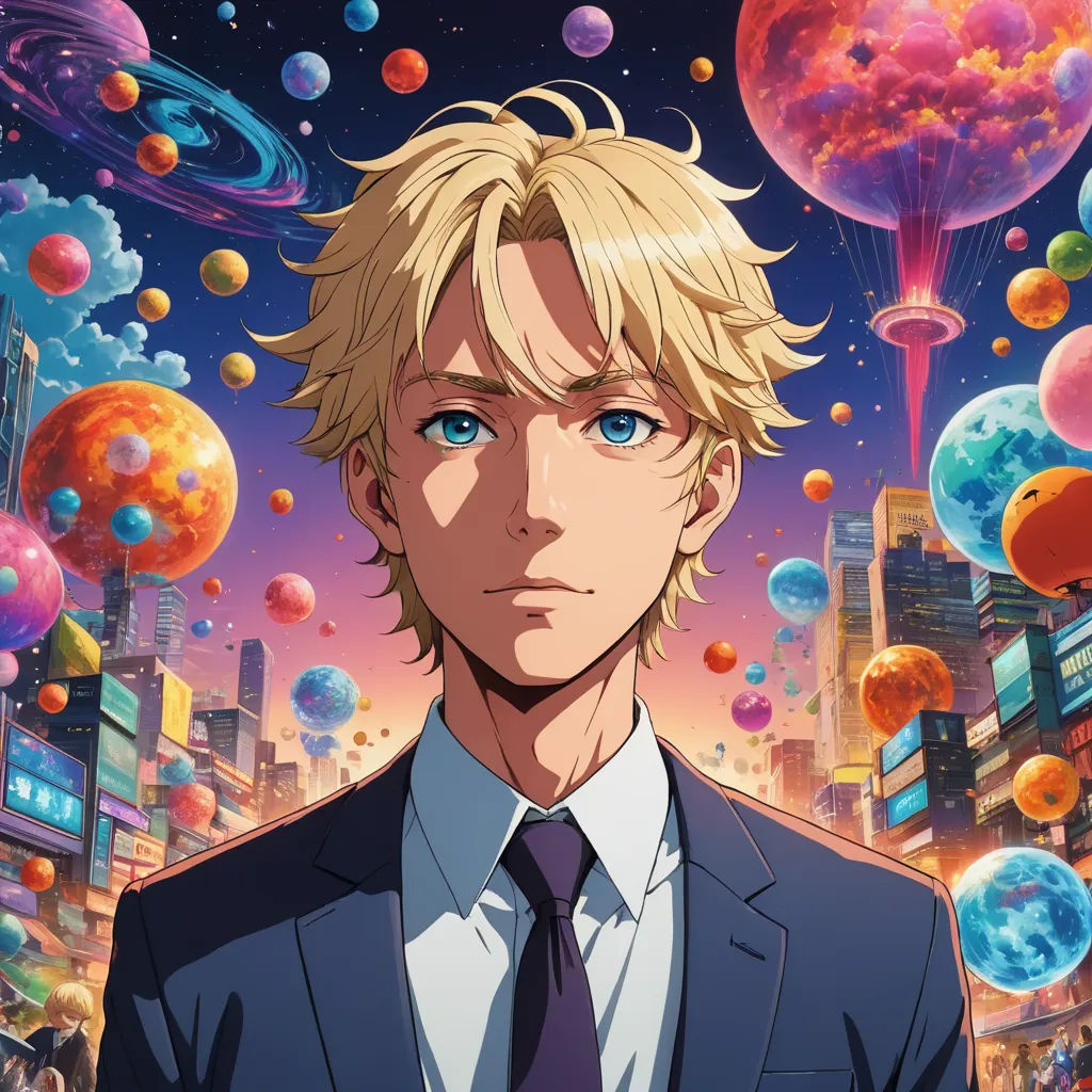 a man in a suit and tie standing in front of a city with planets and a sky full of colorful balls, holography, poster art, Cedric Seaut (Keos Masons), anime key visual