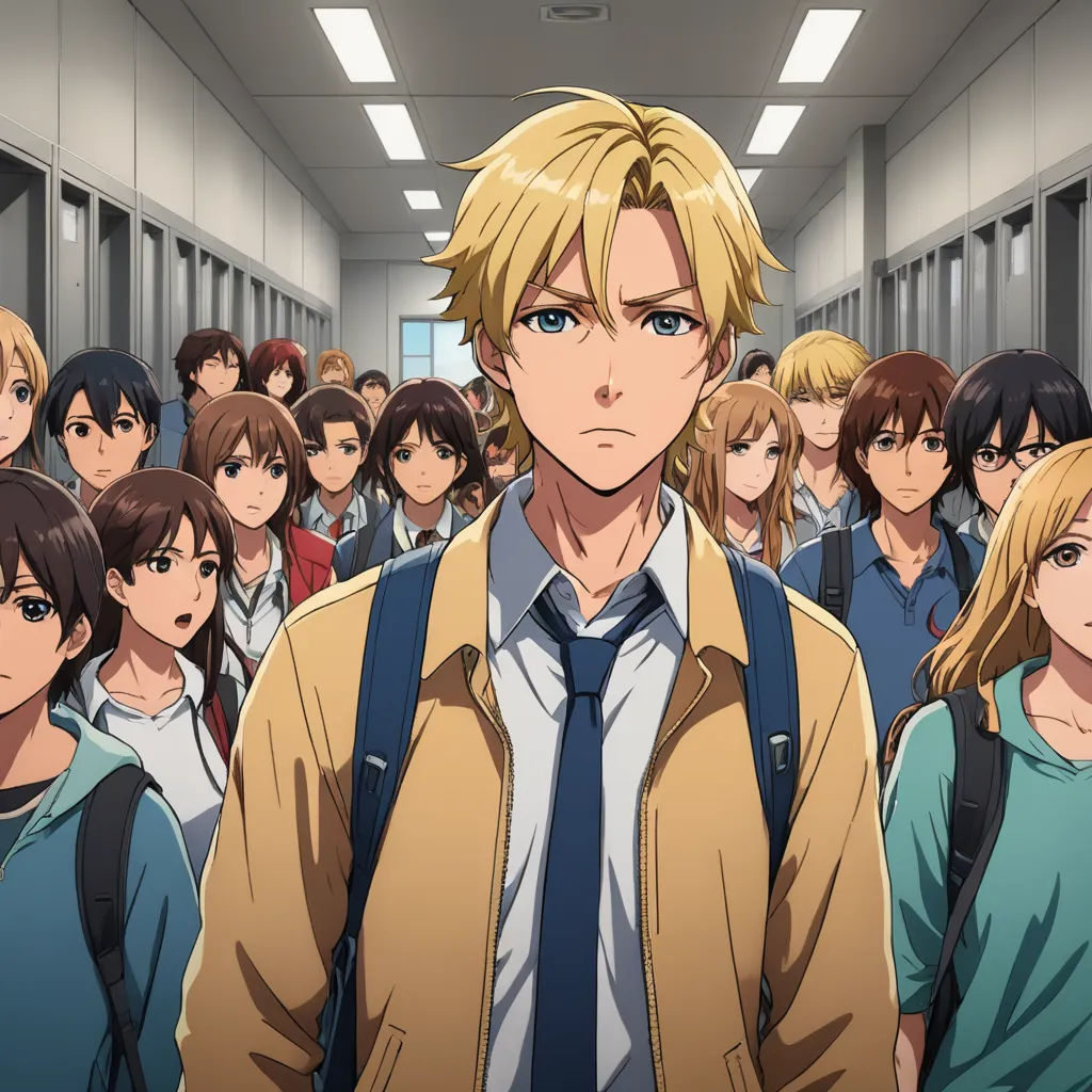 a man in a school uniform standing in front of a group of people in a hallway with lockers, sots art, a screenshot, Baiōken Eishun, official art