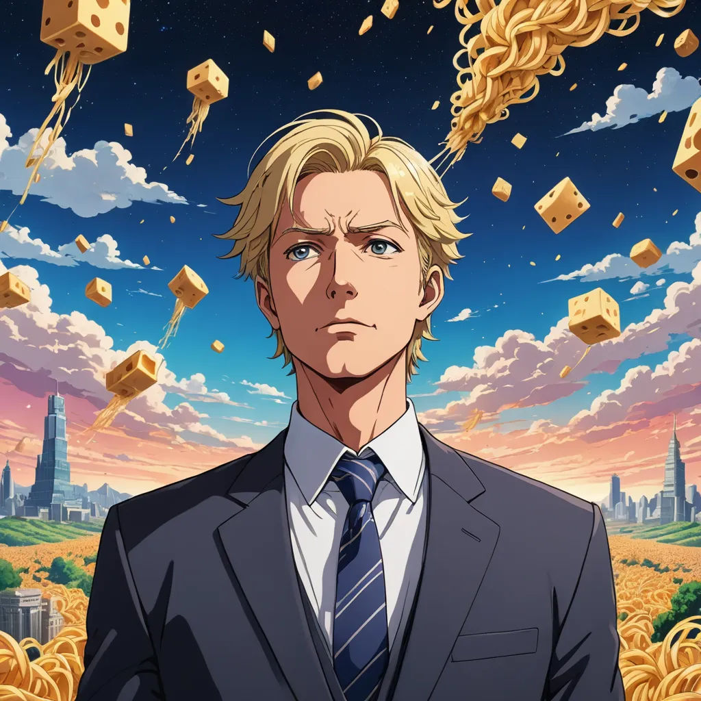 a man in a suit and tie standing in front of a field of gold cubes and buildings with a sky background, serial art, a character portrait, Cedric Seaut (Keos Masons), official art