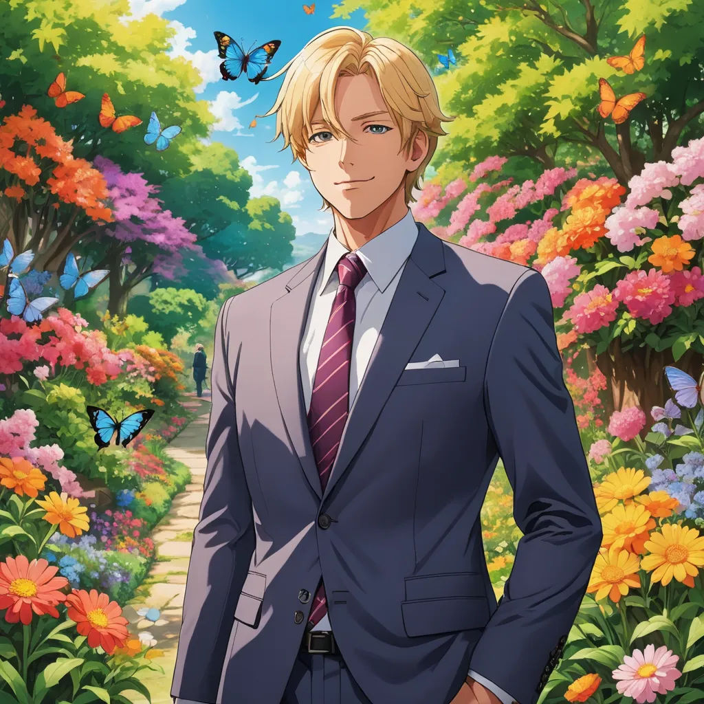 a man in a suit standing in a garden with flowers and butterflies flying overhead and a butterfly flying overhead, remodernism, a character portrait, Alexander Brook, official art