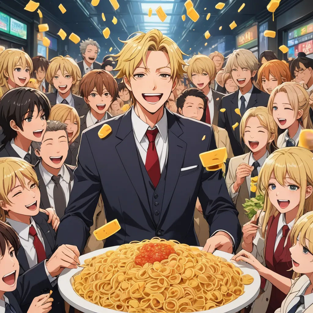 a man in a suit holding a plate of noodles with a bunch of people around him and a bunch of cheese slices, remodernism, a renaissance painting, Armin Hansen, official art