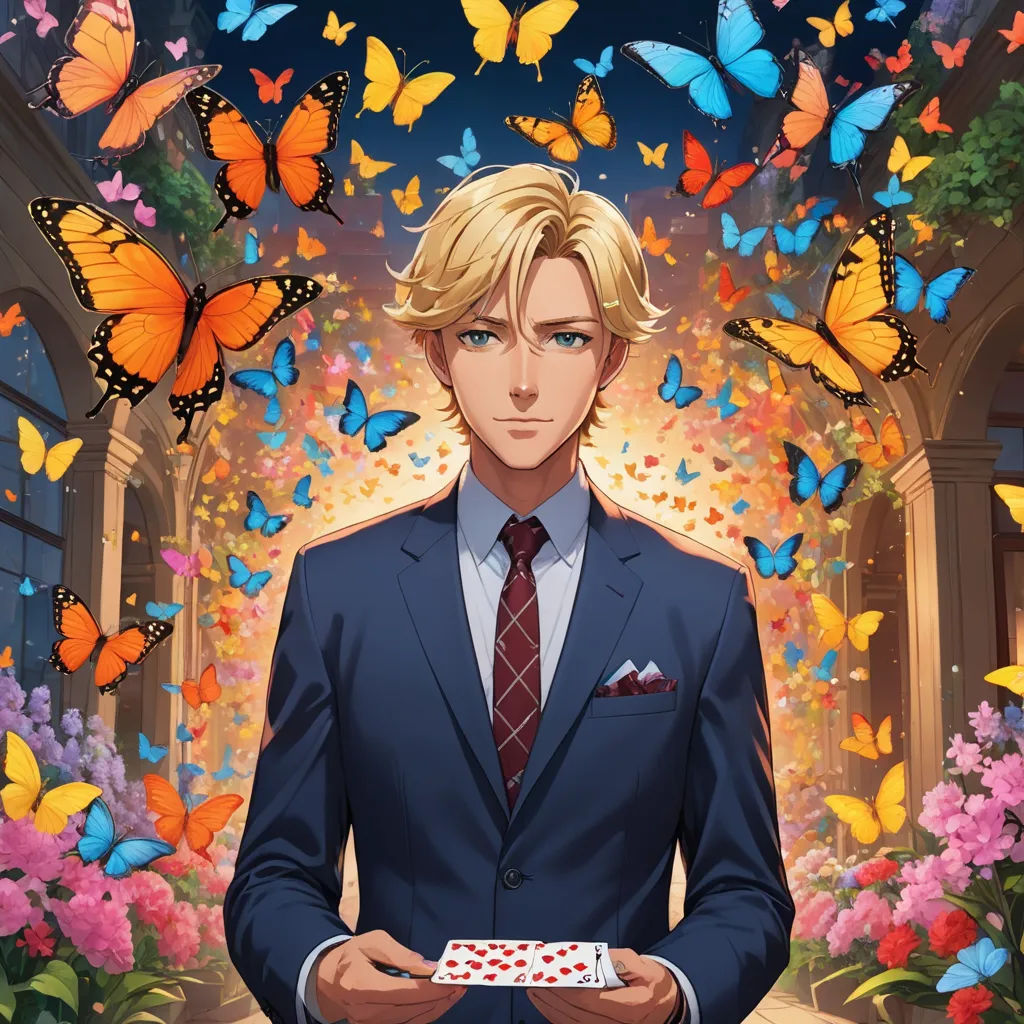 a man in a suit holding a box of cards in front of a butterfly background with butterflies flying around, magic realism, a character portrait, Cedric Seaut (Keos Masons), official art