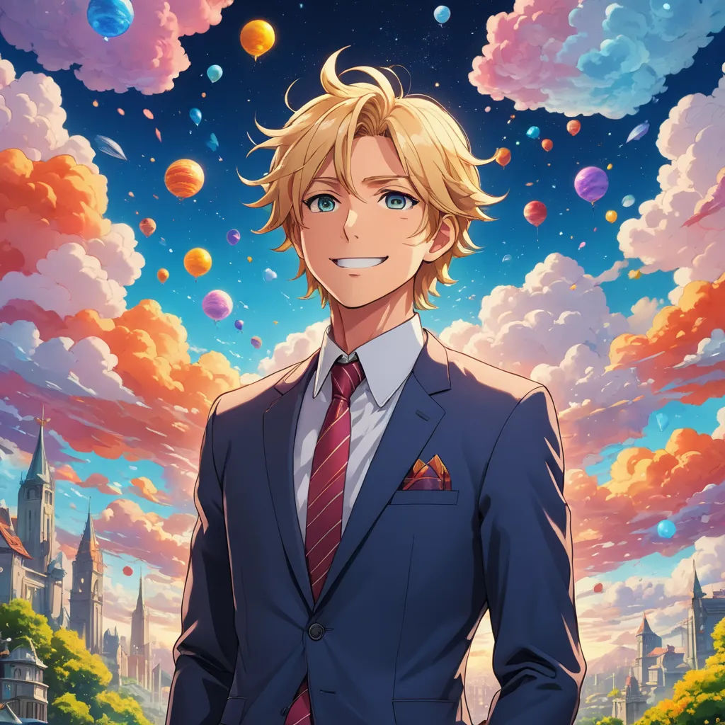 a man in a suit and tie standing in front of a sky with bubbles and clouds above him and a castle in the background, remodernism, a character portrait, Adam Manyoki, official art