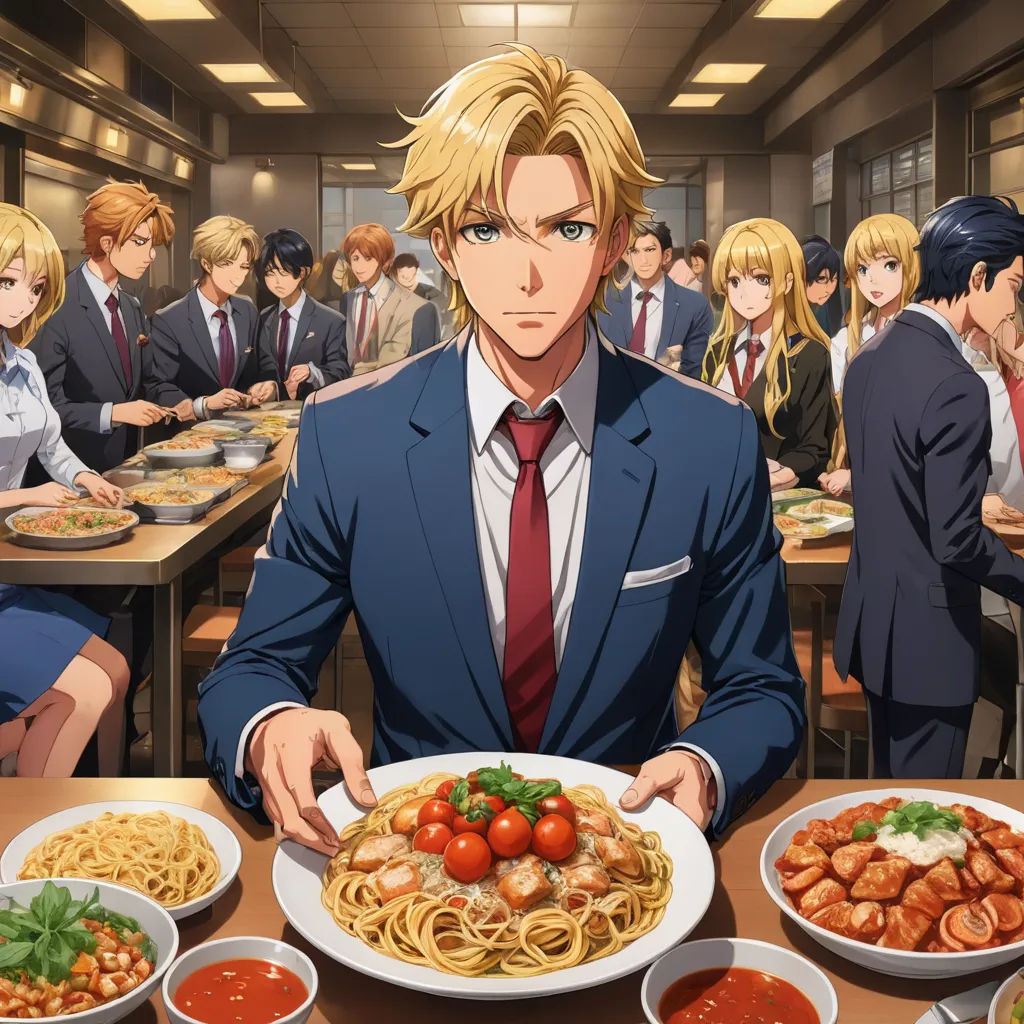 a man in a suit holding a plate of food in front of a table full of people in suits, remodernism, a renaissance painting, Cedric Seaut (Keos Masons), official art
