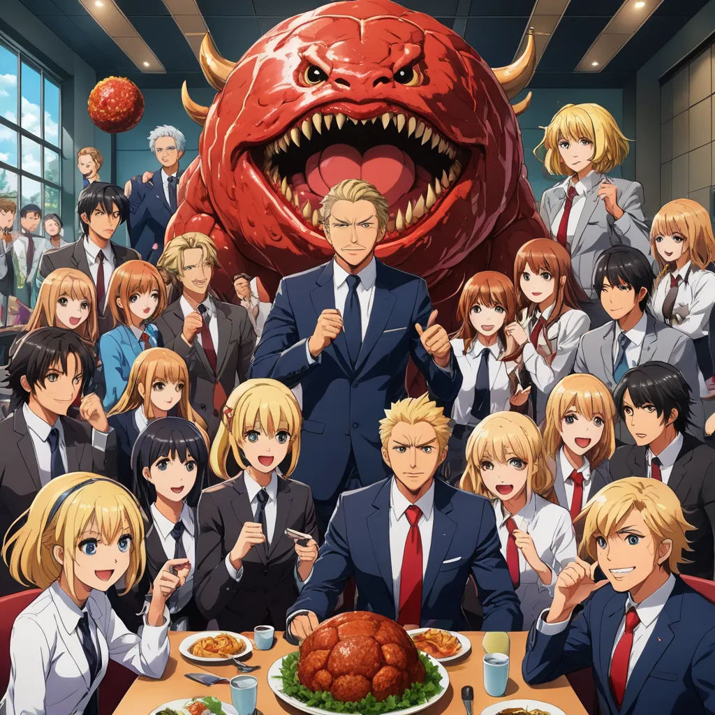 a group of people sitting around a table with a large red monster in the background of them and a man in a suit standing in front of them, sots art, an album cover, Aya Goda, official art