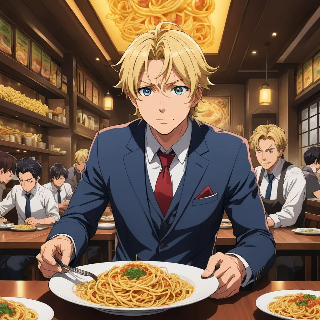 a man in a suit is eating spaghetti in a restaurant with other people in the background and a man in a suit is looking at the camera, remodernism, a renaissance painting, Ed Benedict, official art