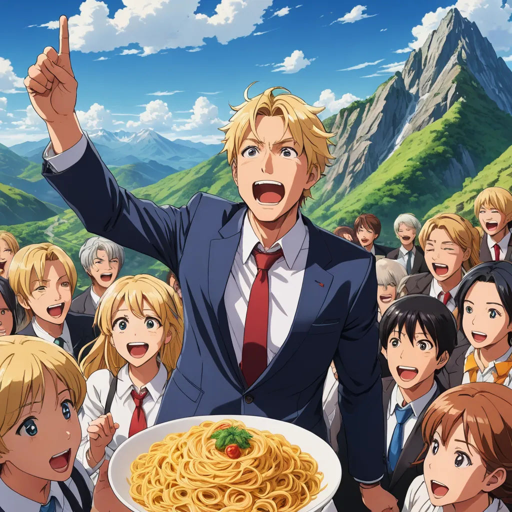 a man in a suit and tie holding a plate of noodles with a group of people behind him and a mountain in the background, socialist realism, a renaissance painting, Armin Hansen, official art