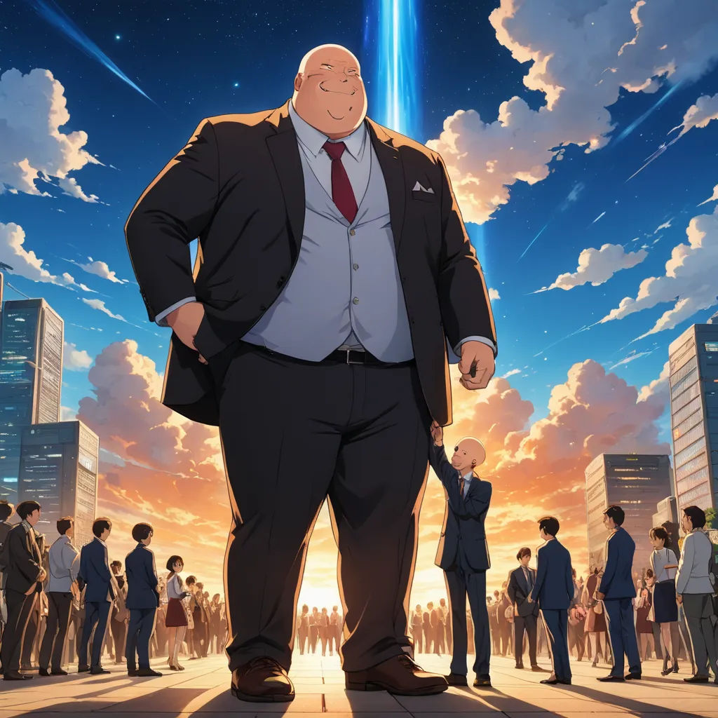 a man in a suit standing in front of a crowd of people in a city at sunset with a sky background, neoism, a poster, Adam Manyoki, official art