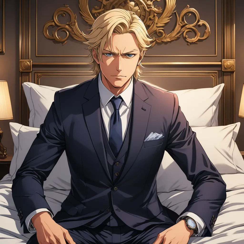 a man in a suit sitting on a bed with his hands in his pockets and his legs crossed, with a gold headboard behind him, remodernism, a character portrait, Alexander Brook, official art