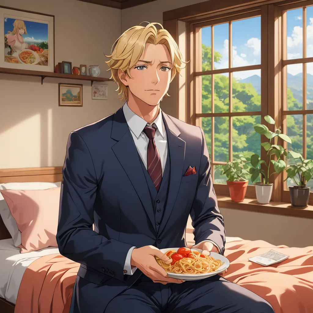 a man in a suit holding a plate of food in a bedroom with a window and a bed in the background, remodernism, a stock photo, Armin Hansen, official art