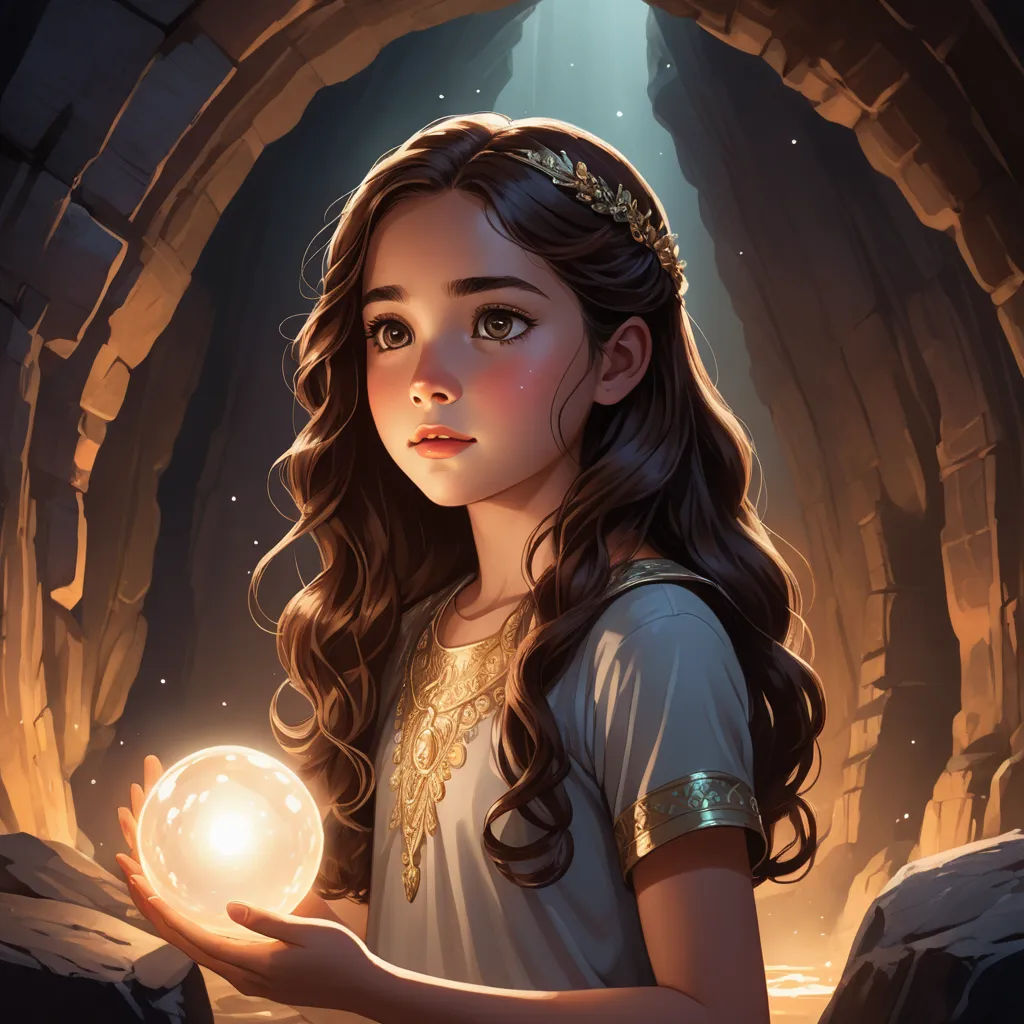 a girl holding a crystal ball in her hands in a cave with a light shining through it and a light shining through the darkness, fantasy art, a storybook illustration, Charlie Bowater, rossdraws global illumination