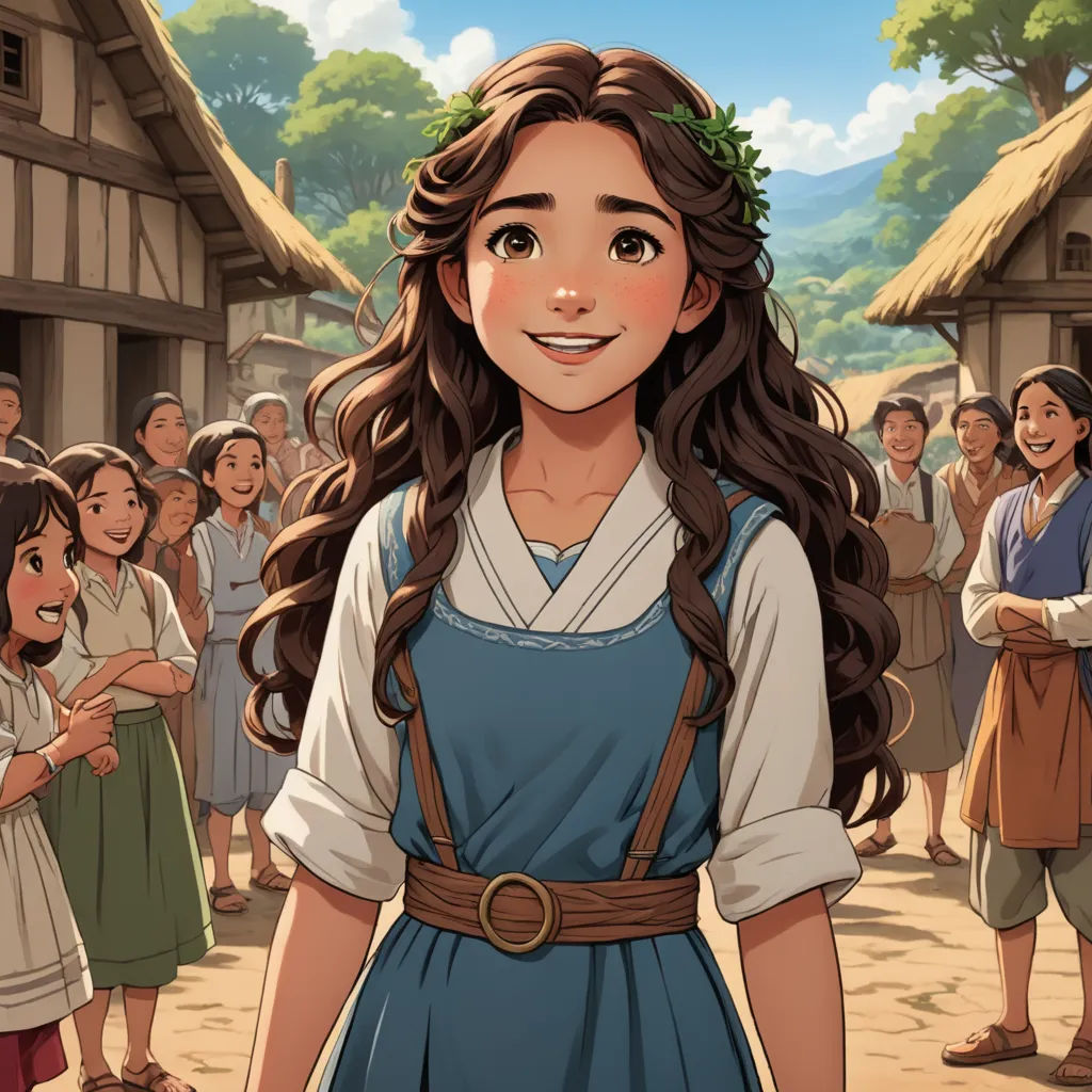 a cartoon of a girl in a village with a crowd of people behind her and a village with a woman in a blue dress, classical realism, a character portrait, Anne Said, official art