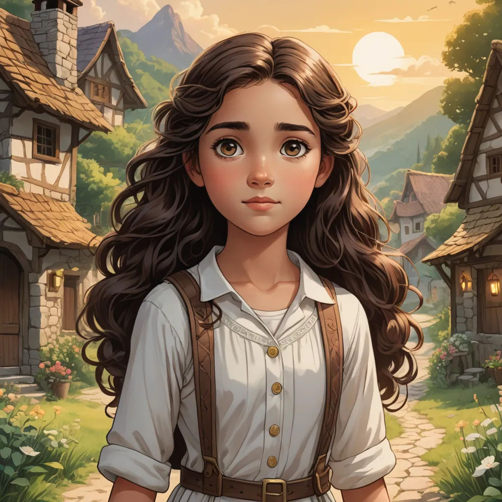 a girl with long hair and a white shirt is standing in front of a village with a house and a pathway, fantasy art, a character portrait, Clarice Beckett, kinkade
