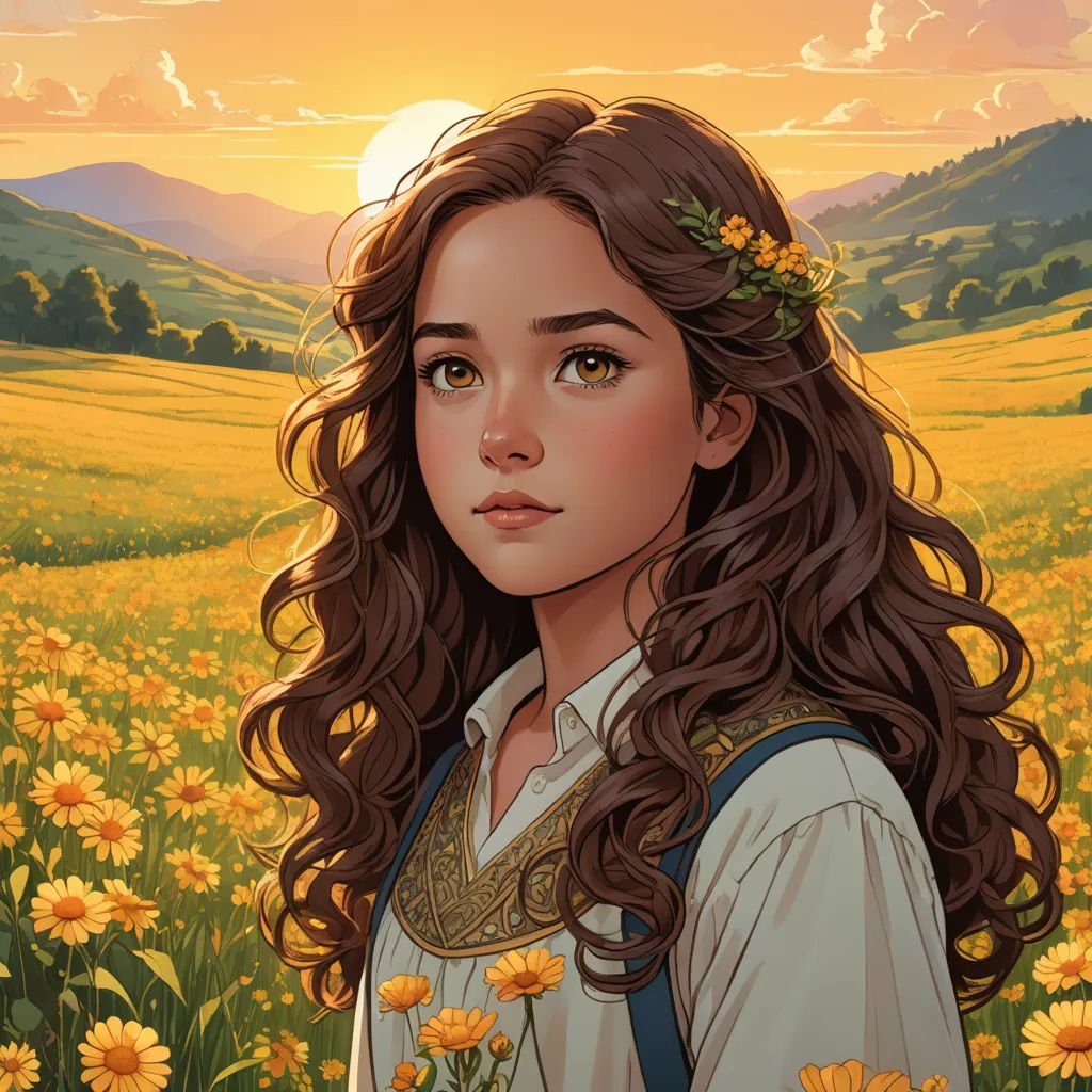 a painting of a girl in a field of flowers with a sun in the background and a mountain range in the distance, fantasy art, a character portrait, Colin Middleton, trending on art station