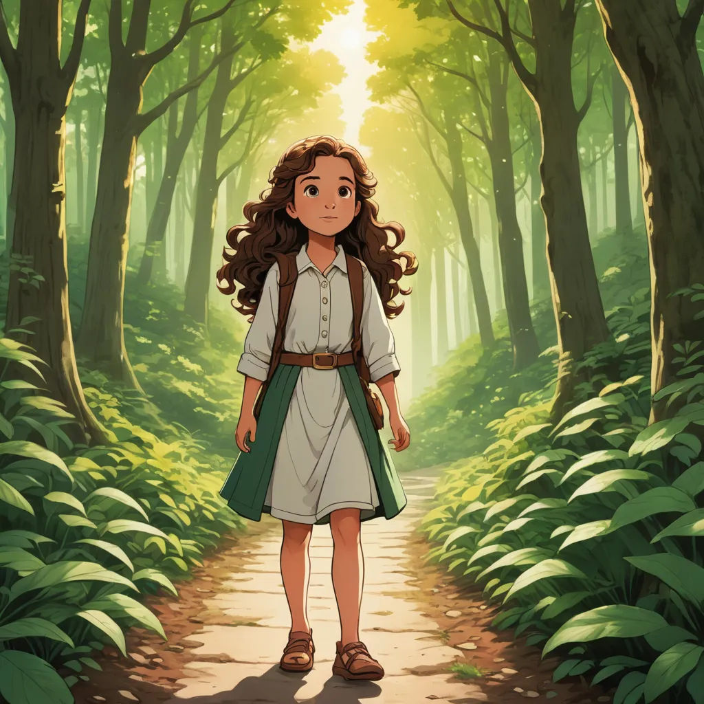 a girl in a dress walking down a path in the woods with a backpack on her back and a forest scene behind her, magical realism, a character portrait, Anne Said, official art
