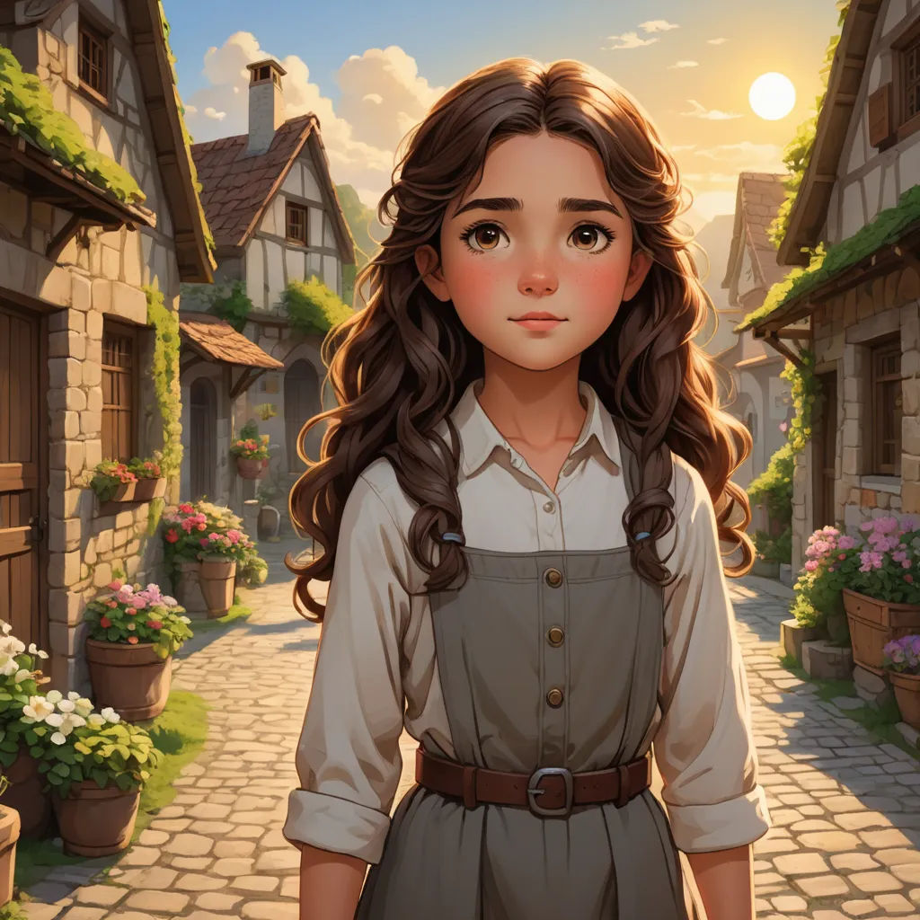 a girl in a dress standing in front of a street with flowers and buildings in the background and a sun setting, fantasy art, a storybook illustration, Alice Prin, kinkade
