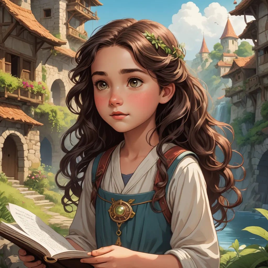 a girl with long hair and a crown holding a book in her hands and looking at the camera with a castle in the background, fantasy art, a storybook illustration, Art of Brom, storybook illustration