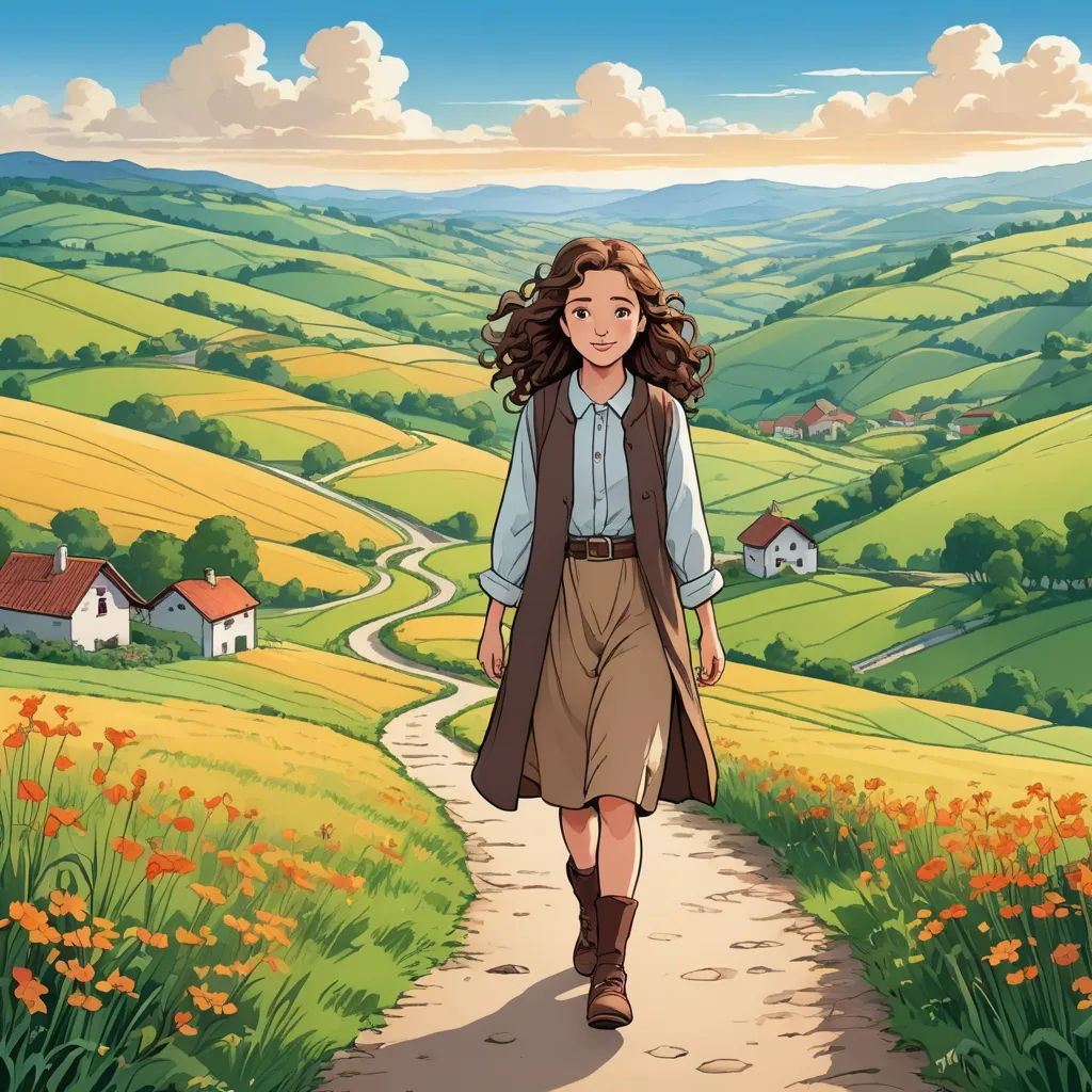 a girl walking down a path in a field with flowers on it and a house in the distance behind her, synthetism, a comic book panel, Anne Said, ghibli